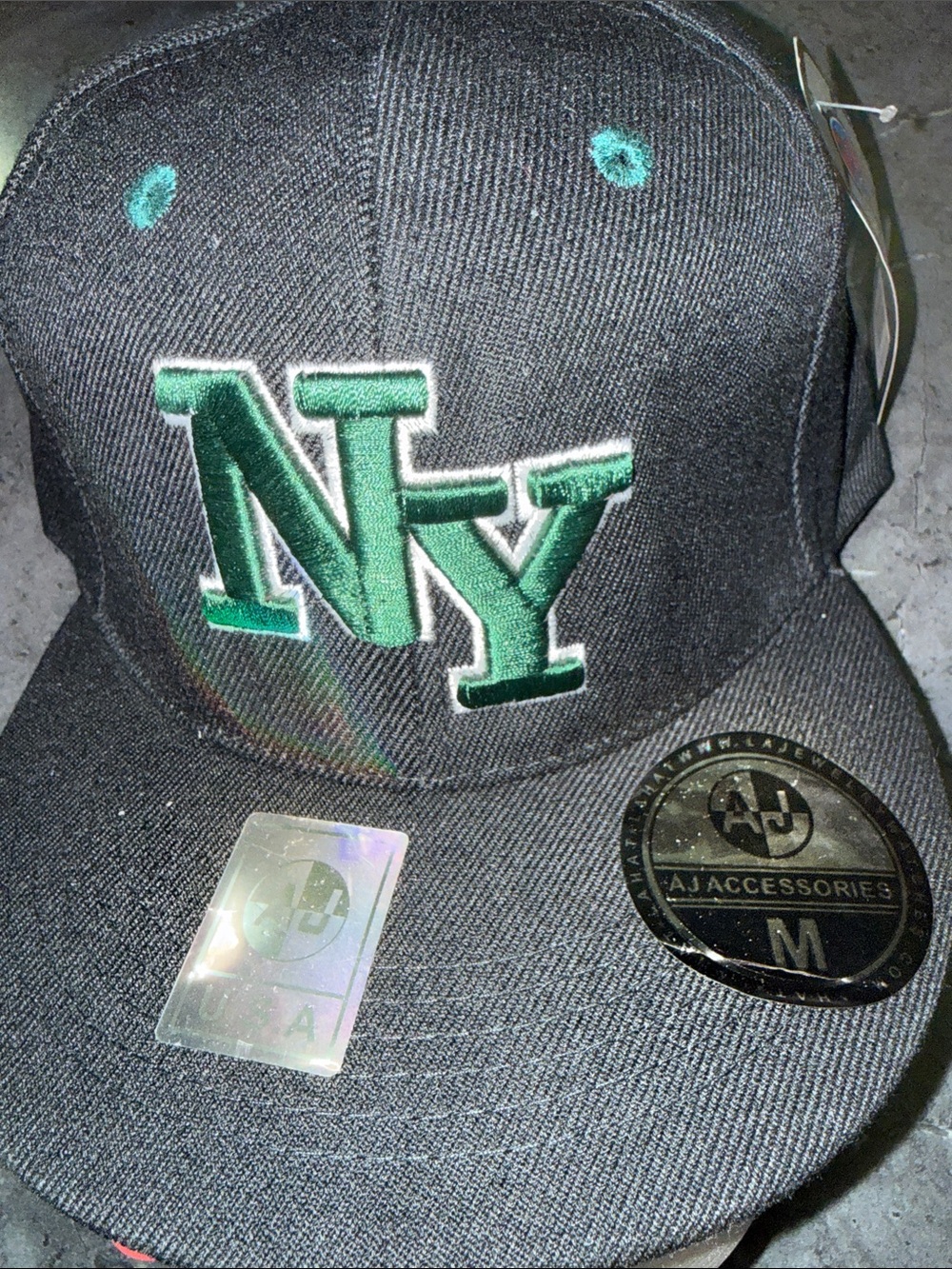 Black Snapback Hat with Green NY Embroidery